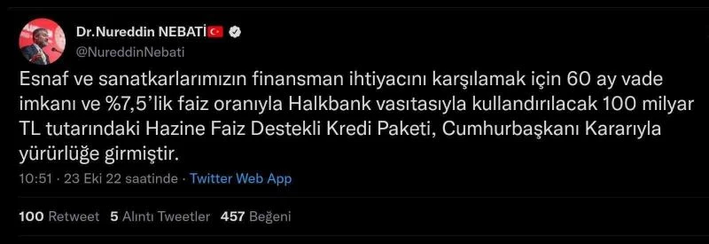 Bakan Nebati: “100 milyar liralık Hazine Faiz Destekli Kredi Paketi yürürlüğe girmiştir”

