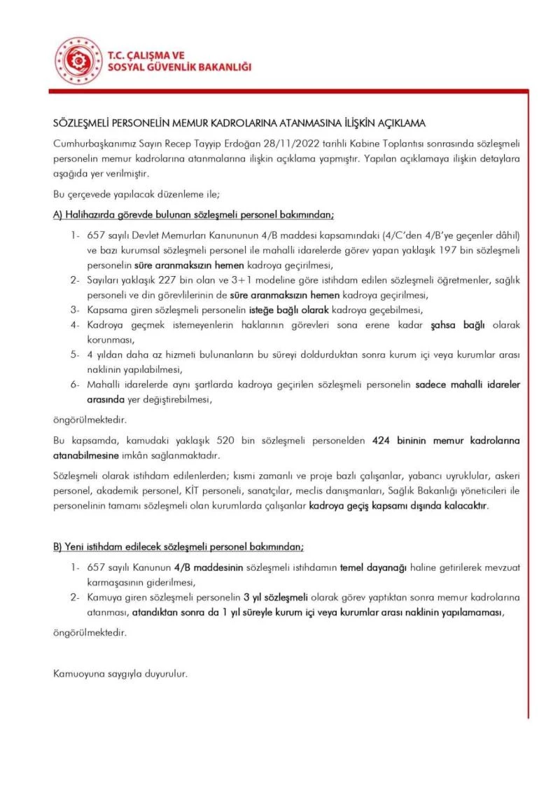 Çalışma ve Sosyal Güvenlik Bakanlığından sözleşmeli personelin memur kadrolarına atanmalarına ilişkin açıklama
