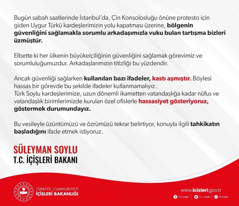 Bakan Soylu, Uygur Türkleri ile polis arasında yaşanan olaydan dolayı üzüntüsünü dile getirdi
