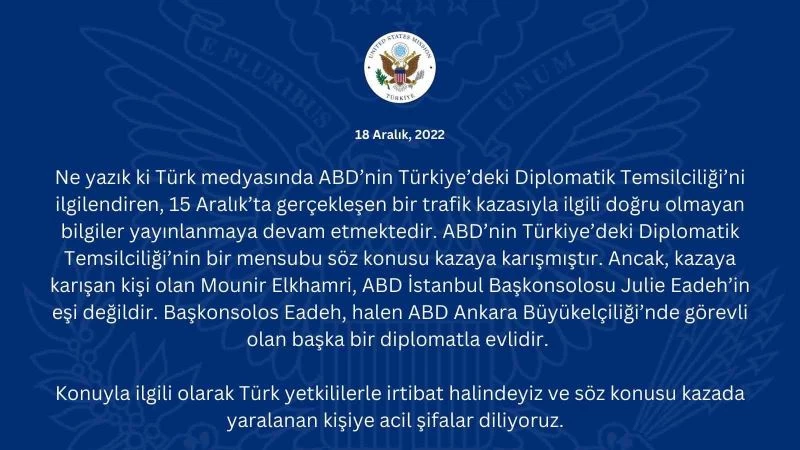 ABD Büyükelçiliği, ABD Başkonsolosu’nun eşinin kaza yaptığı haberlerini yalanladı
