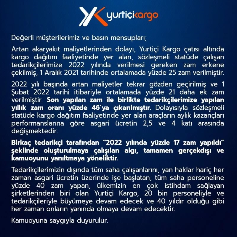 Yurtiçi Kargo’dan personele yapılan zamma ilişkin açıklama
