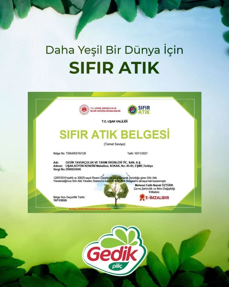 Gedik Piliç’e ‘Sıfır Atık’ belgesi
