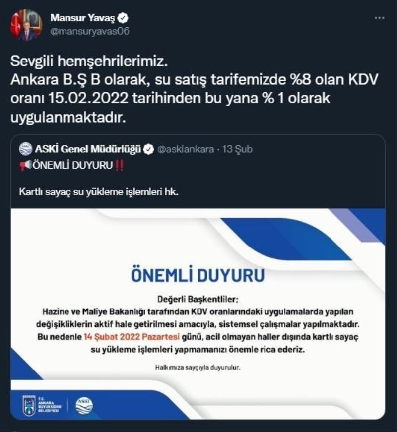 Ankara’da su faturalarında KDV indirimi uygulaması 3 gün önce başladı
