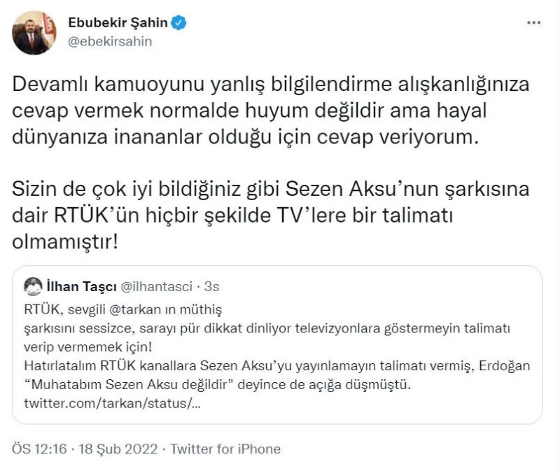 RTÜK Başkanı Şahin: “Sezen Aksu’nun şarkısına dair RTÜK’ün hiçbir şekilde TV’lere bir talimatı olmamıştır”
