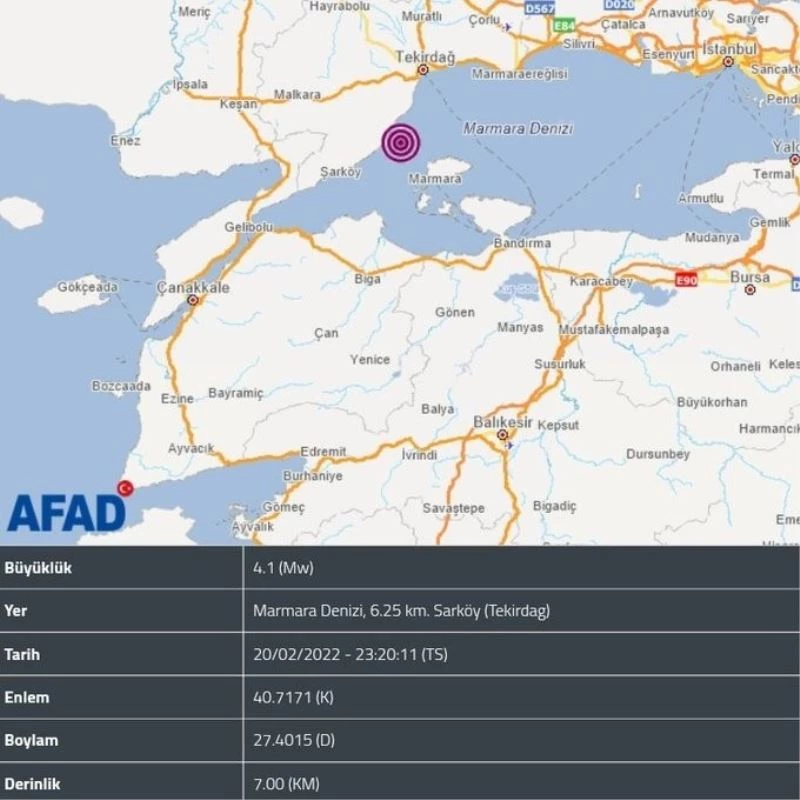 AFAD: “Marmara Denizi’nde Tekirdağ’ın Şarköy ilçesi açıklarında 4,1 büyüklüğünde bir deprem meydana geldi”
