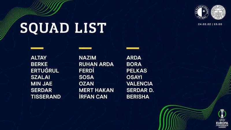 Fenerbahçe, Slavia Prag maçı kamp kadrosunu açıkladı
