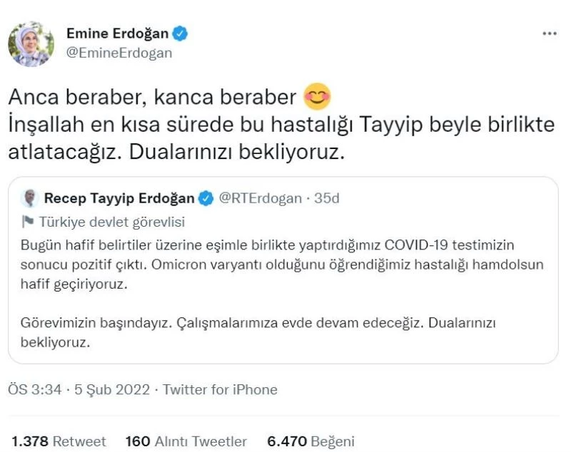 Emine Erdoğan: “İnşallah en kısa sürede bu hastalığı Tayyip Bey’le birlikte atlatacağız”

