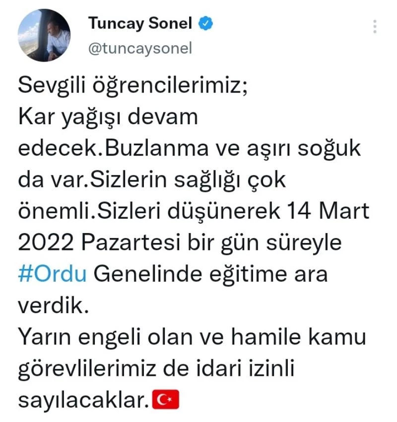 Vali Sonel duyurdu: Ordu genelinde eğitime bir gün ara verildi
