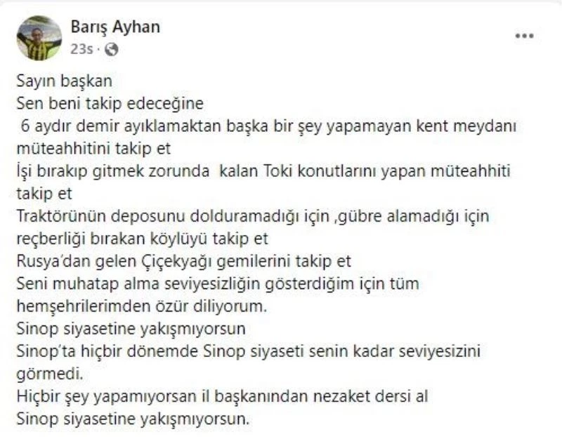 Sinop Belediye Başkanı ile AK Parti Merkez İlçe Başkanı ‘kar’ nedeniyle atıştı
