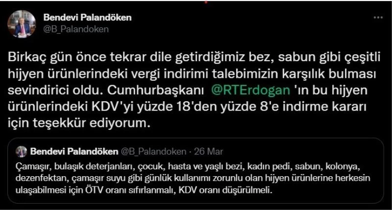 TESK Başkanı Palandöken: “Hijyen ürünlerindeki vergi indirimi talebimizin karşılık bulması sevindirici oldu”
