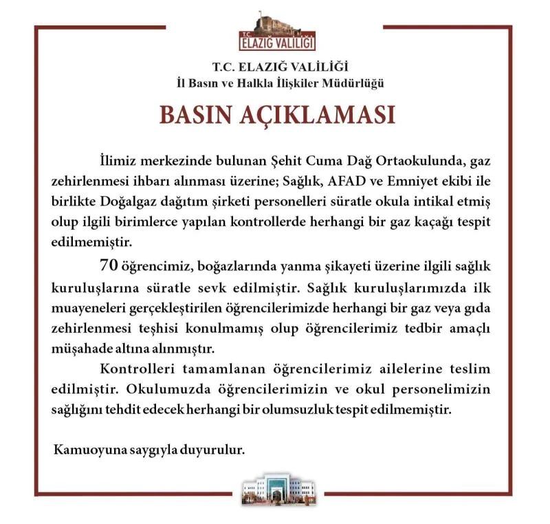 Valilikten açıklama: “Öğrencilerimize herhangi bir gaz veya gıda zehirlenme teşhisi konulmamıştır”
