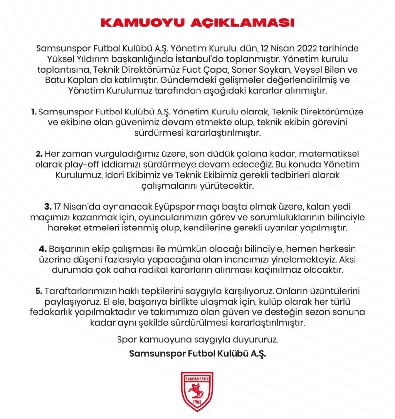 Samsunspor, Fuat Çapa ile ‘devam’ dedi
