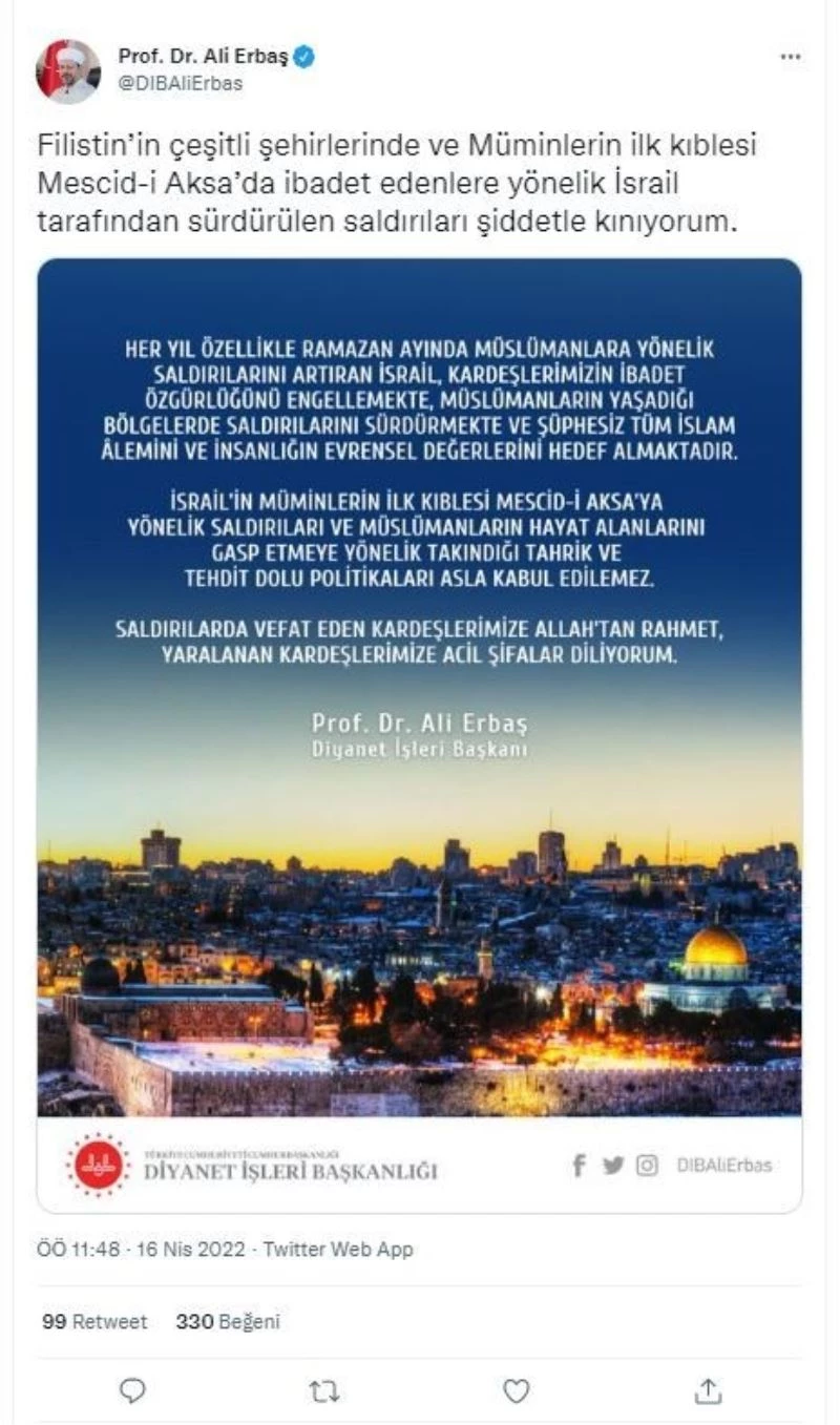 Diyanet İşleri Başkanı Erbaş: “İsrail tarafından sürdürülen saldırıları şiddetle kınıyorum”
