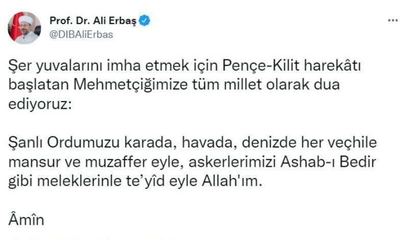 Diyanet İşleri Başkanı Erbaş’tan Mehmetçiğe destek mesajı

