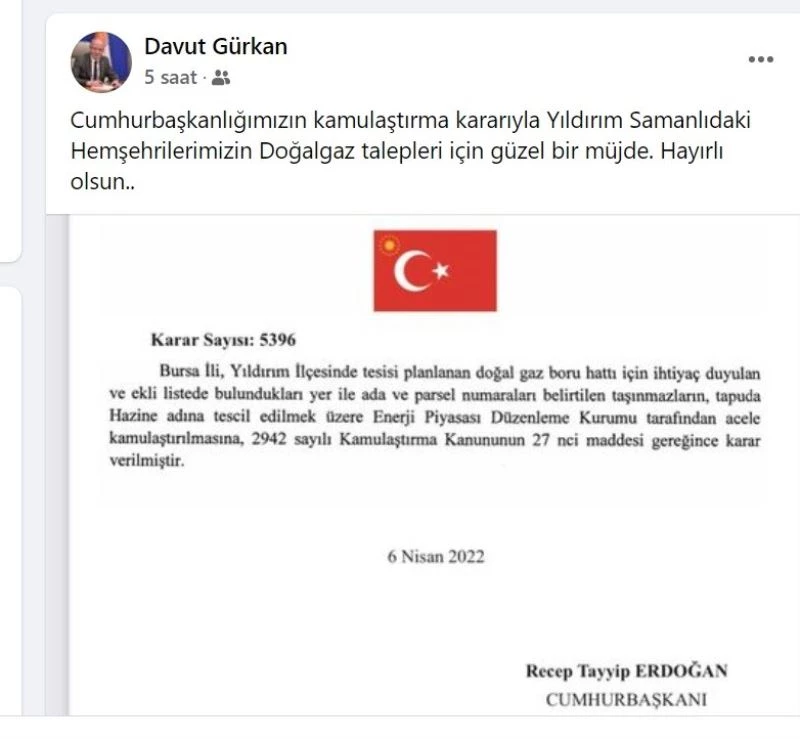 Yıldırım Samanlı Mahallesi’ne doğalgaz müjdesi
