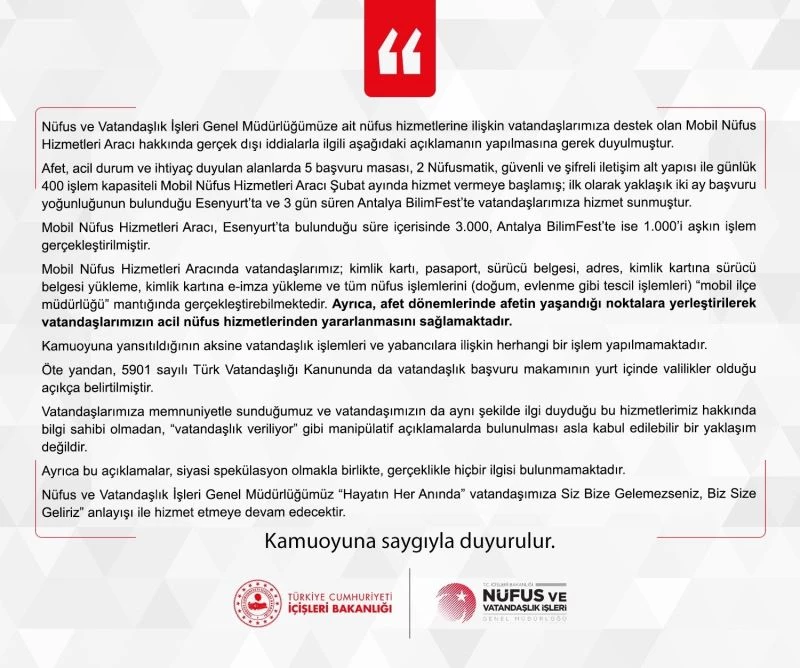 İçişleri Bakanlığı’ndan Mobil Nüfus Hizmetleri Aracı hakkında çıkan iddialara yalanlama
