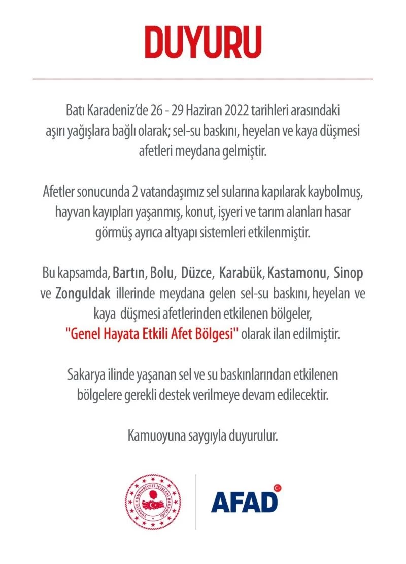 AFAD 7 ilin “Genel Hayata Etkili Afet Bölgesi” olarak ilan edildiğini duyurdu
