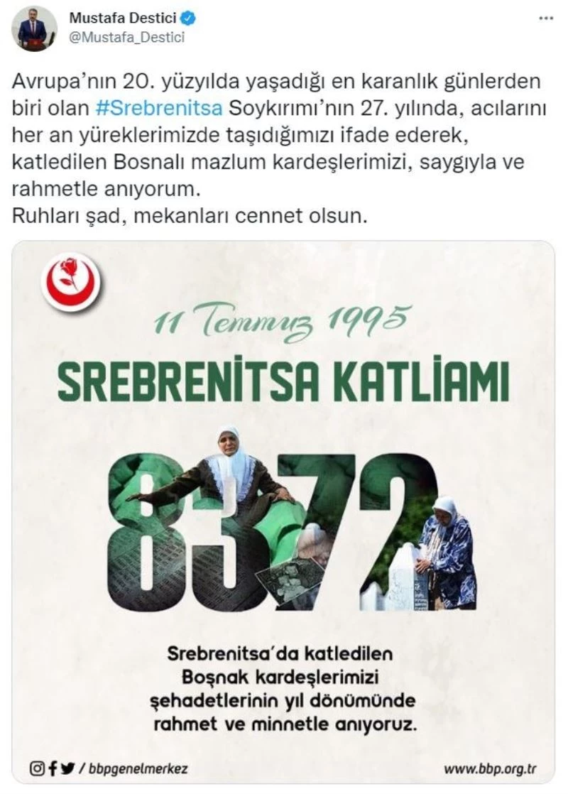 BBP Genel Başkanı Destici’den Srebrenitsa mesajı
