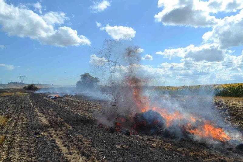 Balya makinesinden sıçrayan kıvılcım 100 dönüm anız ile saman balyalarını küle çevirdi, arılar da zarar gördü
