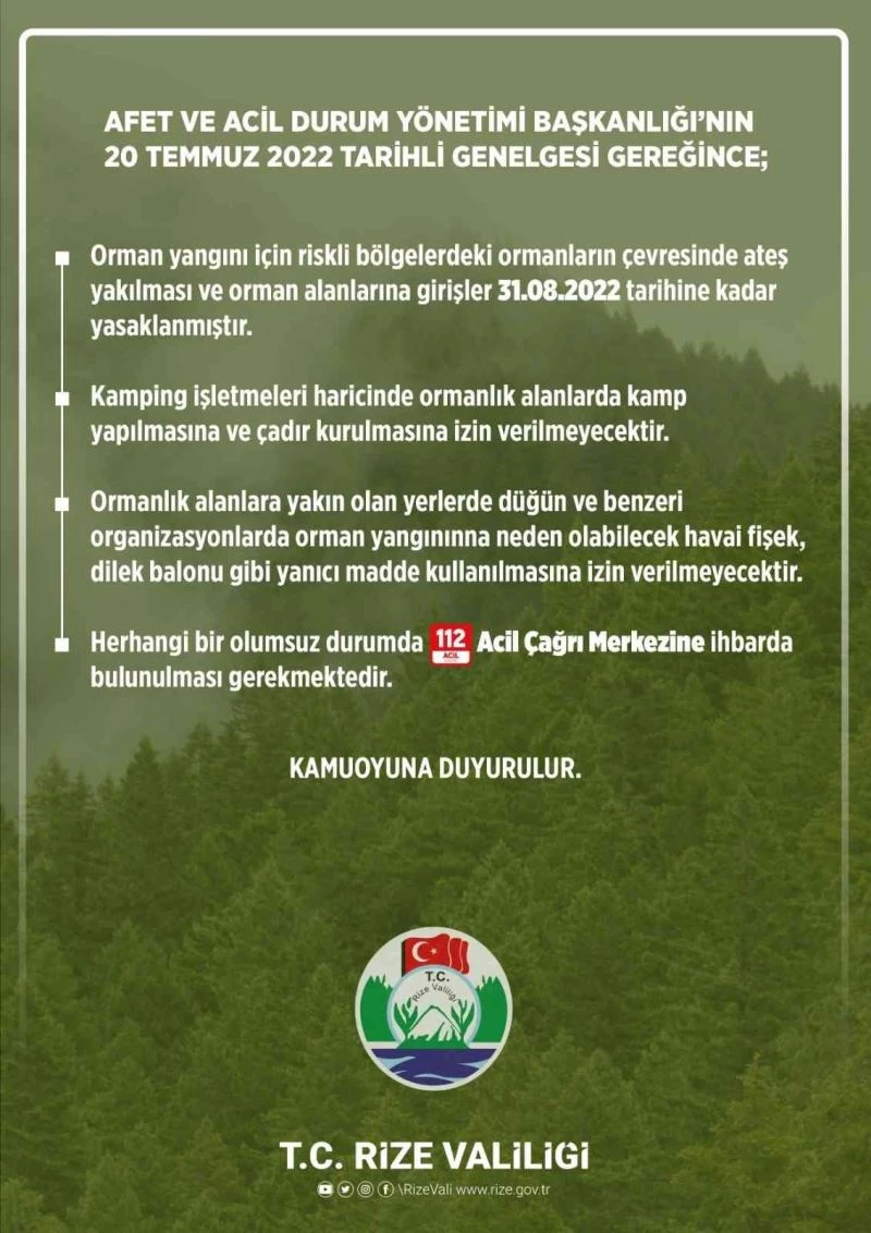 Rize’de ormanlara giriş-çıkış ve ateşli piknik yasaklandı
