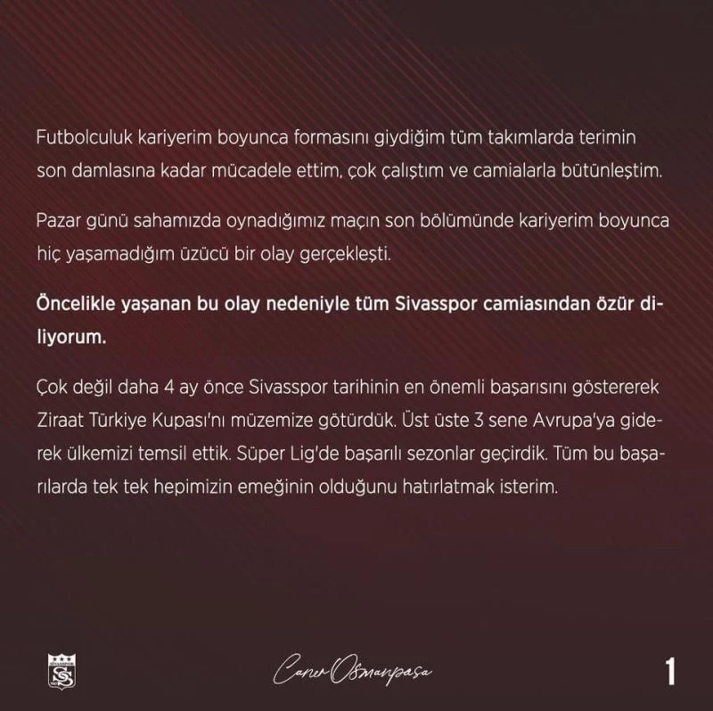 Caner Osmanpaşa, Sivasspor camiasından özür diledi