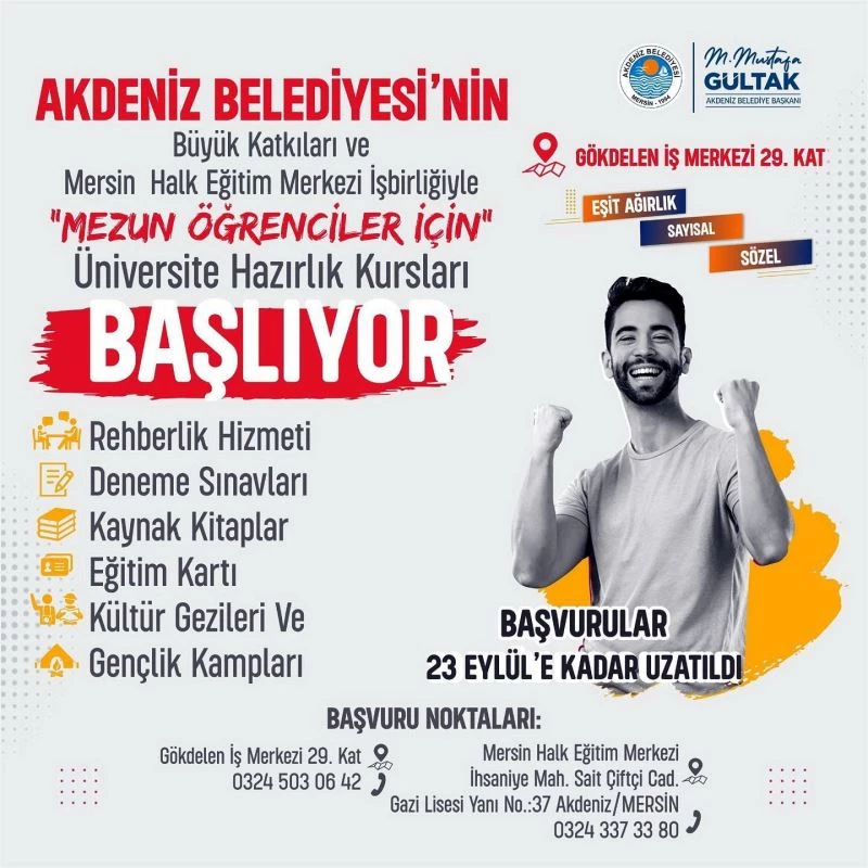 Akdeniz Belediyesi Etüt Merkezi başvuruları 23 Eylül’e dek uzatıldı
