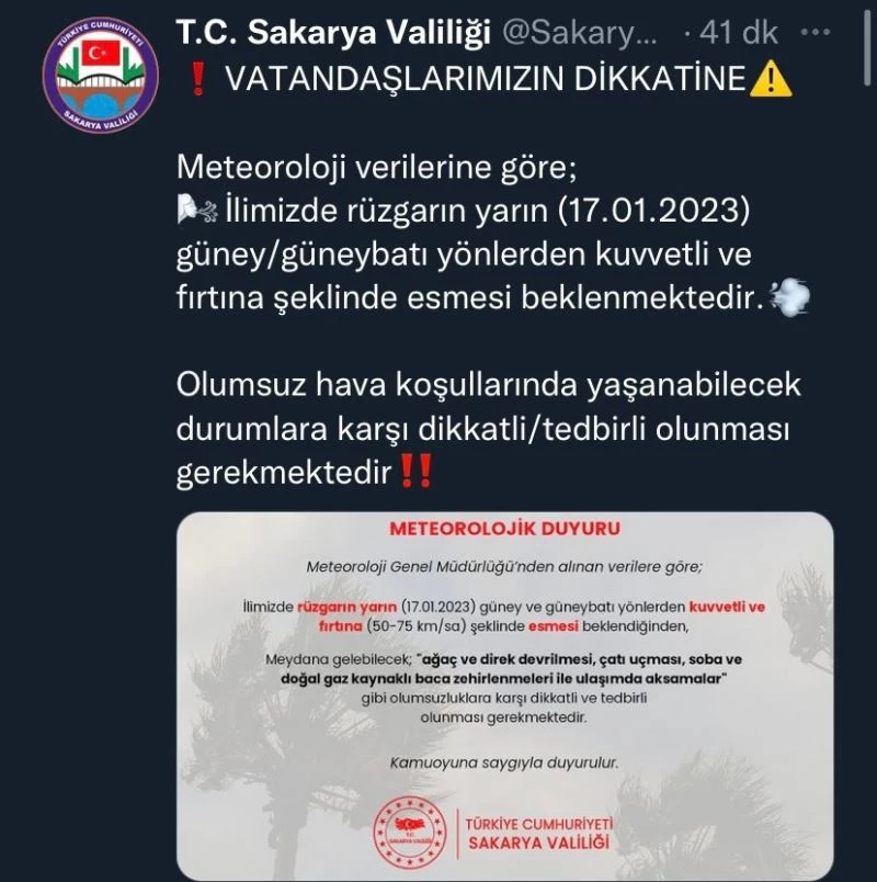 Valilik kuvvetli fırtına için uyardı
