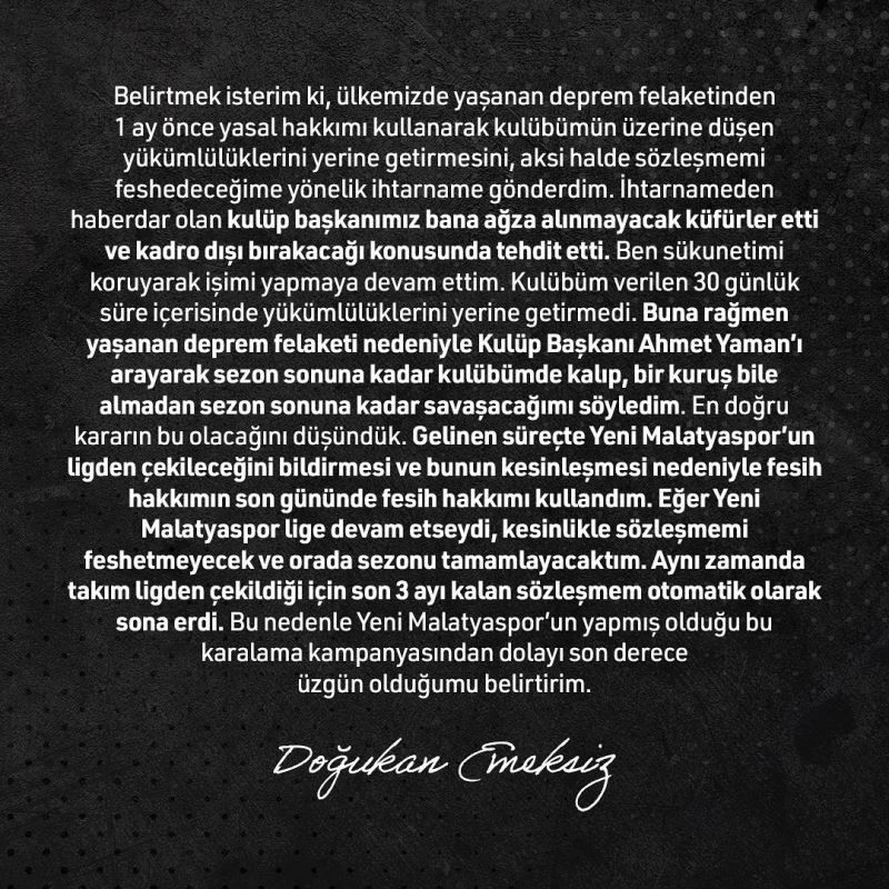 Doğukan Emeksiz’den, Yeni Malatyaspor’a yanıt: 