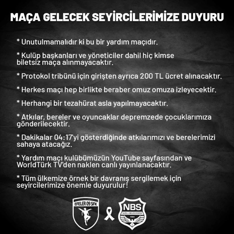 Efeler 09 SFK ve Nazilli Belediyespor’dan ’yardım maçı’ uyarısı
