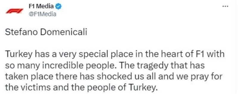Formula 1’den, Türkiye’ye geçmiş olsun mesajı
