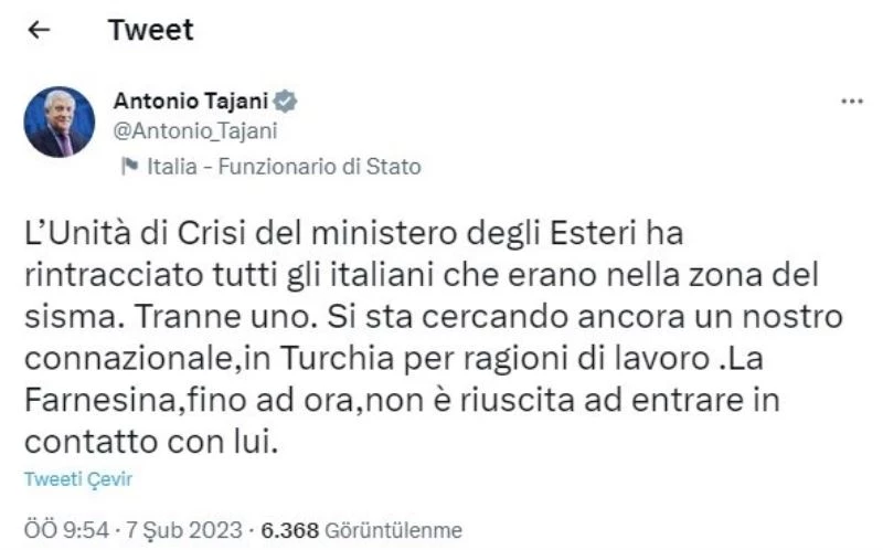 İtalya Dışişleri Bakanı Tajani: “Türkiye’deki 1 vatandaşımıza ulaşamıyoruz”
