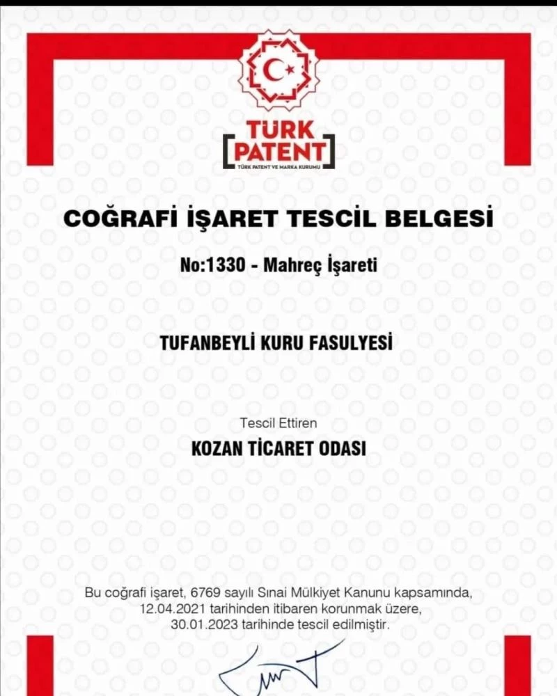 Tufanbeyli fasulyesine coğrafi işaret tescili
