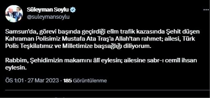 Bakan Soylu’dan Samsun’da kazada şehit olan polis memuru için başsağlığı mesajı
