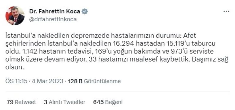Sağlık Bakanı Koca: “Afet şehirlerinden İstanbul’a nakledilen 15 bin 119 hasta taburcu oldu”
