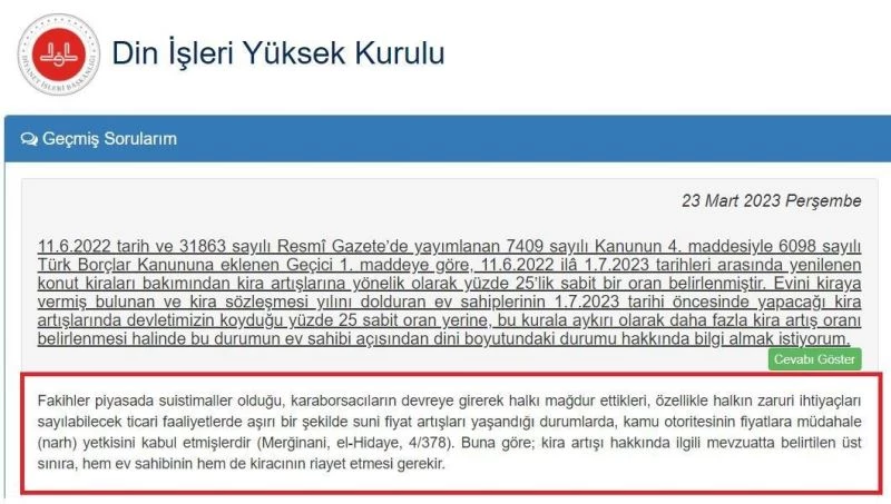 Trabzonlu kira artışı ile ilgili Din İşleri Yüksek Kurulu’na fetva başvurusunda bulundu, kurul cevabını siteden duyurdu
