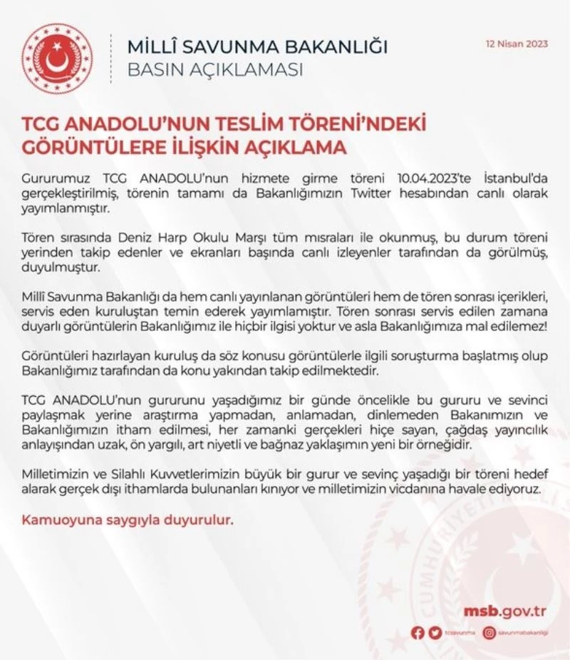 MSB’den TCG Anadolu’nun teslim törenindeki görüntülere ilişkin açıklama
