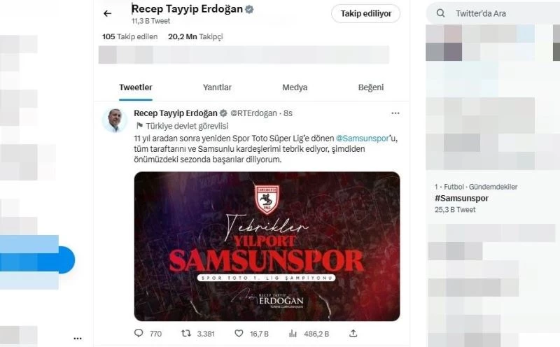 Cumhurbaşkanı Erdoğan’dan Samsunspor’a tebrik
