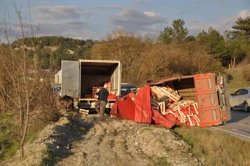 Tır ile çarpışan kamyon devrildi, havuçlar yola saçıldı
