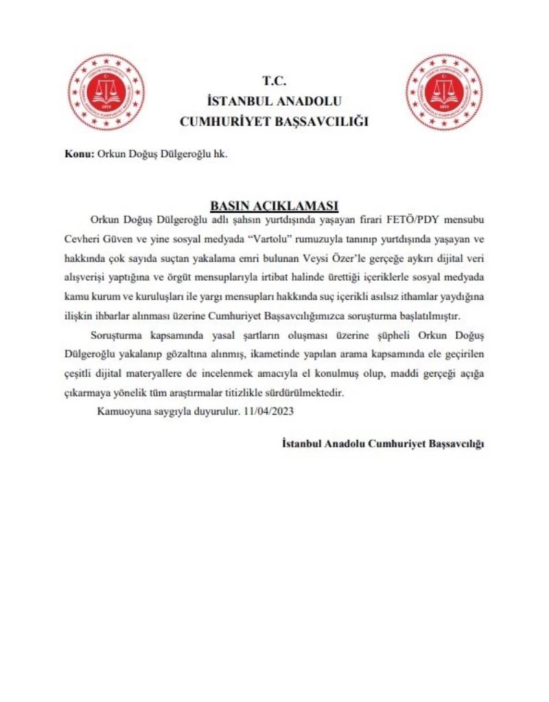 FETÖ işbirliği yapan Orkun Dülgeroğlu tutuklandı
