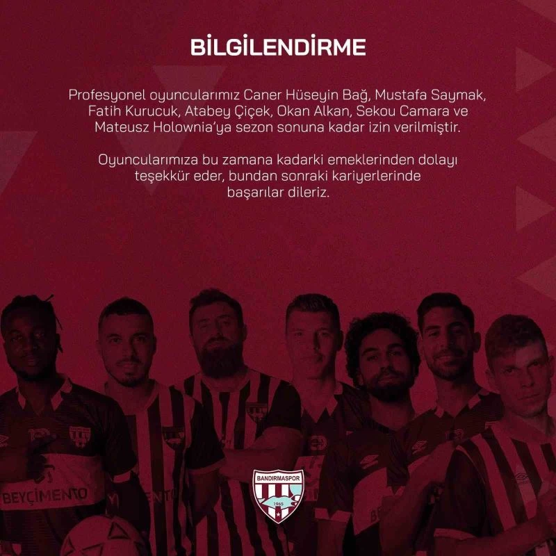Bandırmaspor’da, 7 futbolcu kadro dışı
