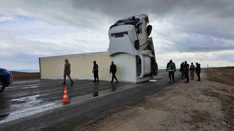 Tavuk eti yüklü tır yan yattı

