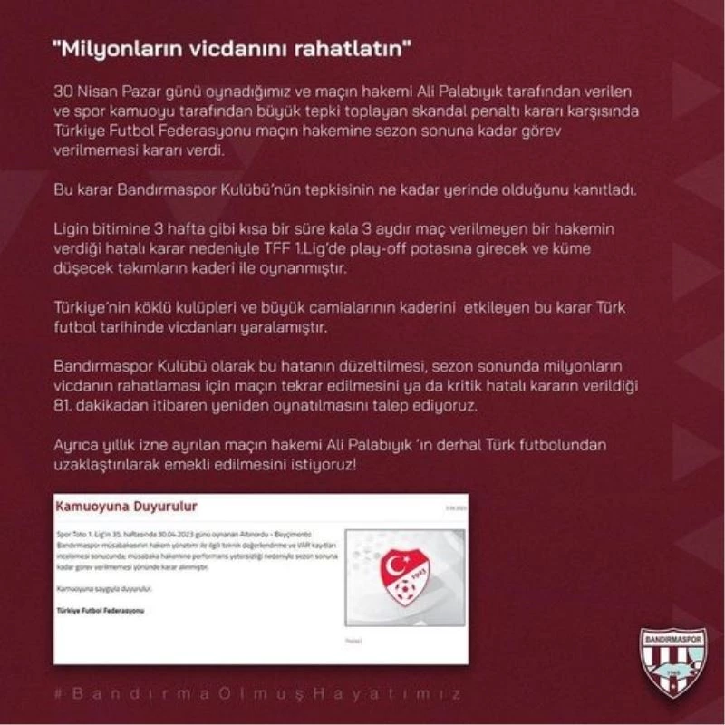 Bandırmaspor’dan TFF’ye: 