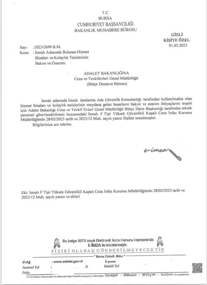 İmralı adasında yaşanan fırtına sebebiyle oluşan hasarın onarılması üzerine ekip görevlendirilmesi talep edildi
